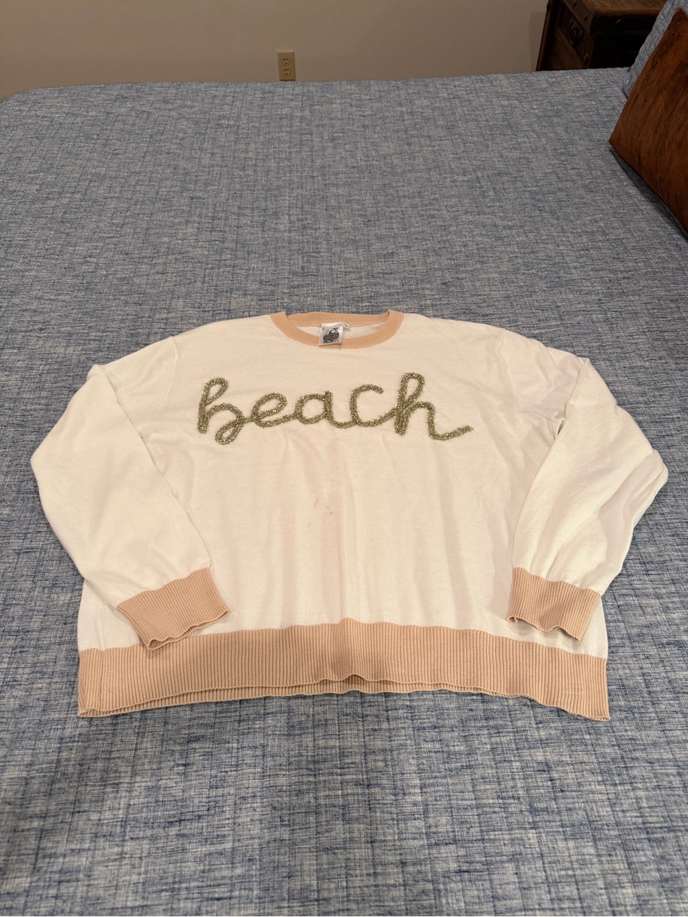 QUEEN OF SPARKLES Cream Sweater with Peach Trim and 'beach' Script